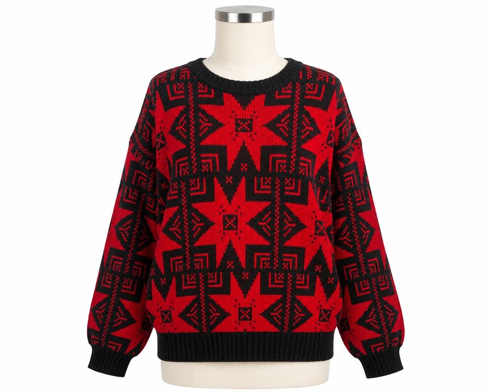 Vintage Checkmate Red Black Geometric Knit Sweater - 80s 90s - Women's M